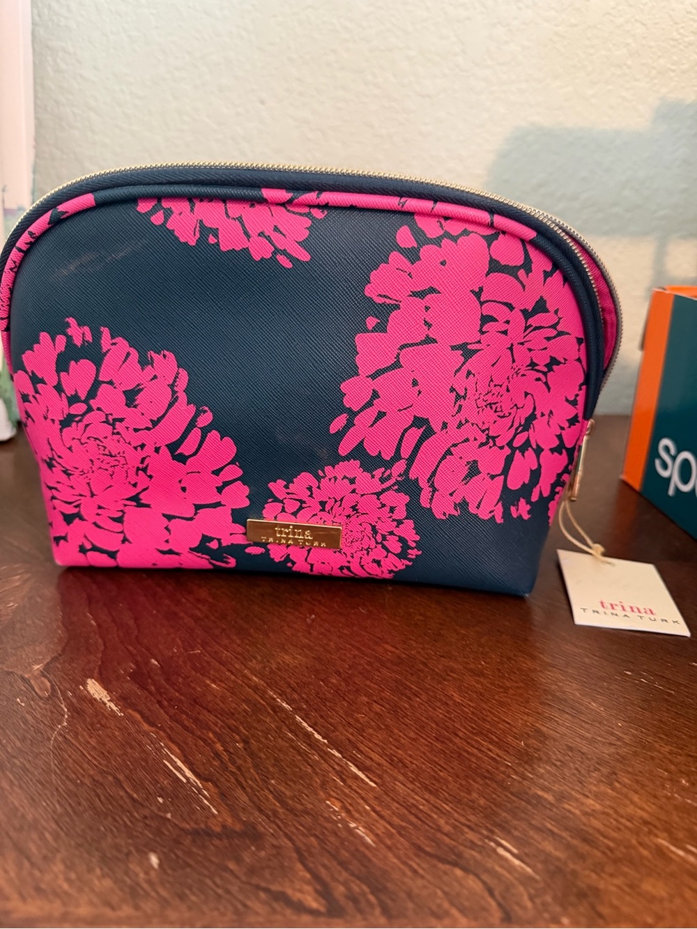 Lip Service Navy Cosmetic Pouch with Hot Pink Floral Print